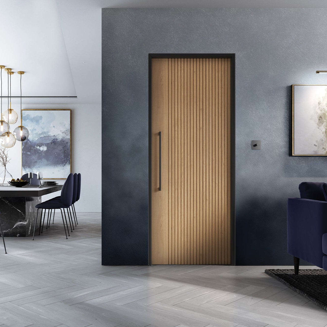 Modern interior with a wooden sliding door, dining table, and chairs.