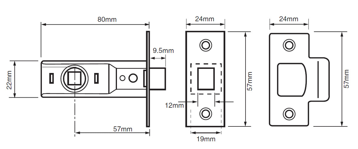 Union Rebated Tubular Latch 80mm Case/57mm Backset