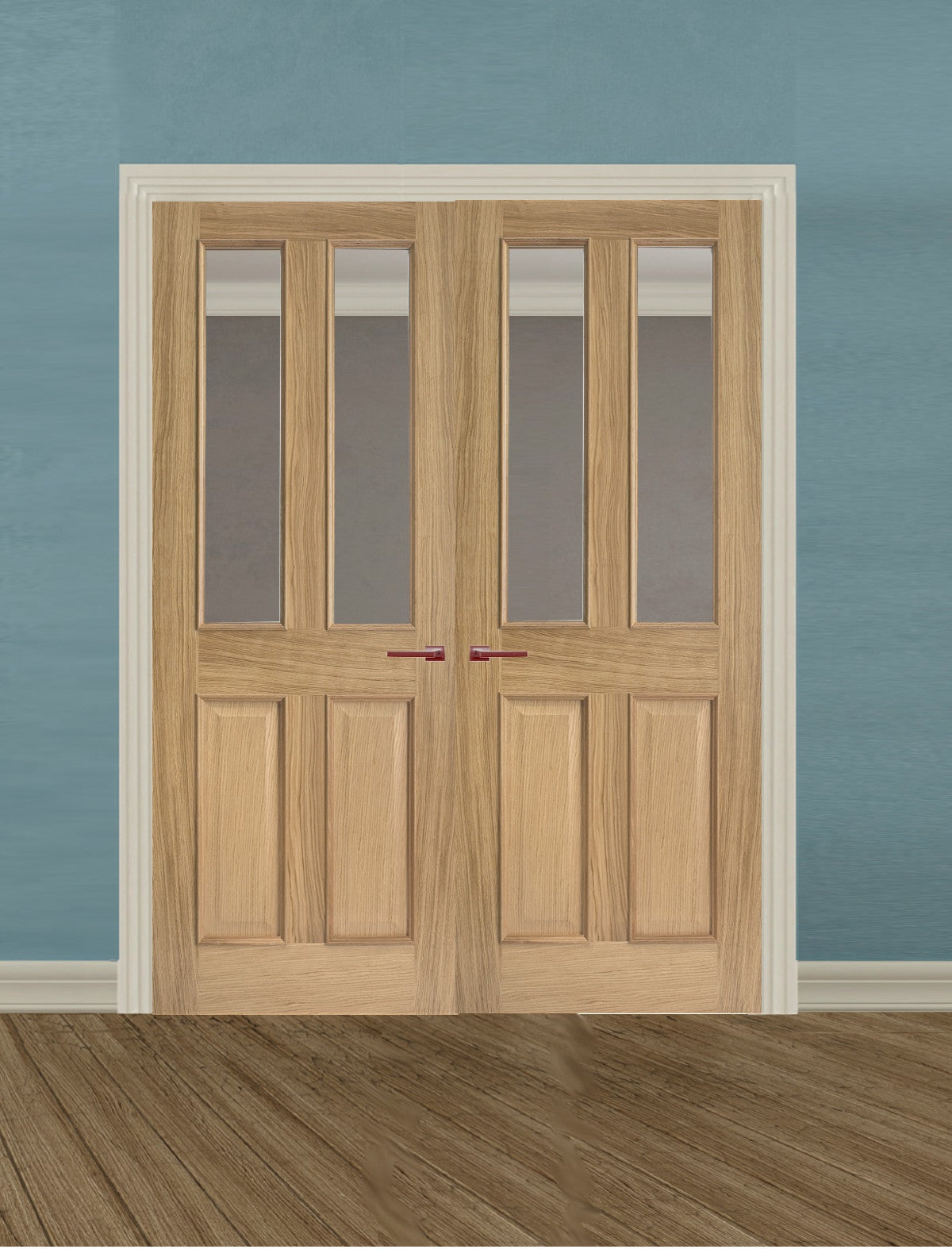 Oak 2 Panel 2 Light Clear Glass Internal Door Pair