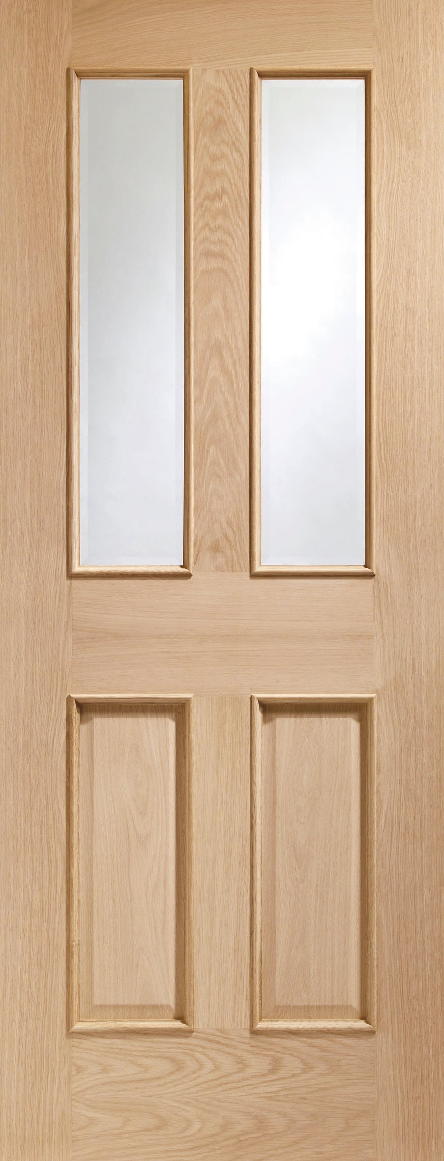 Internal Oak Malton Door With Raised Mouldings and Clear Bevelled Glass