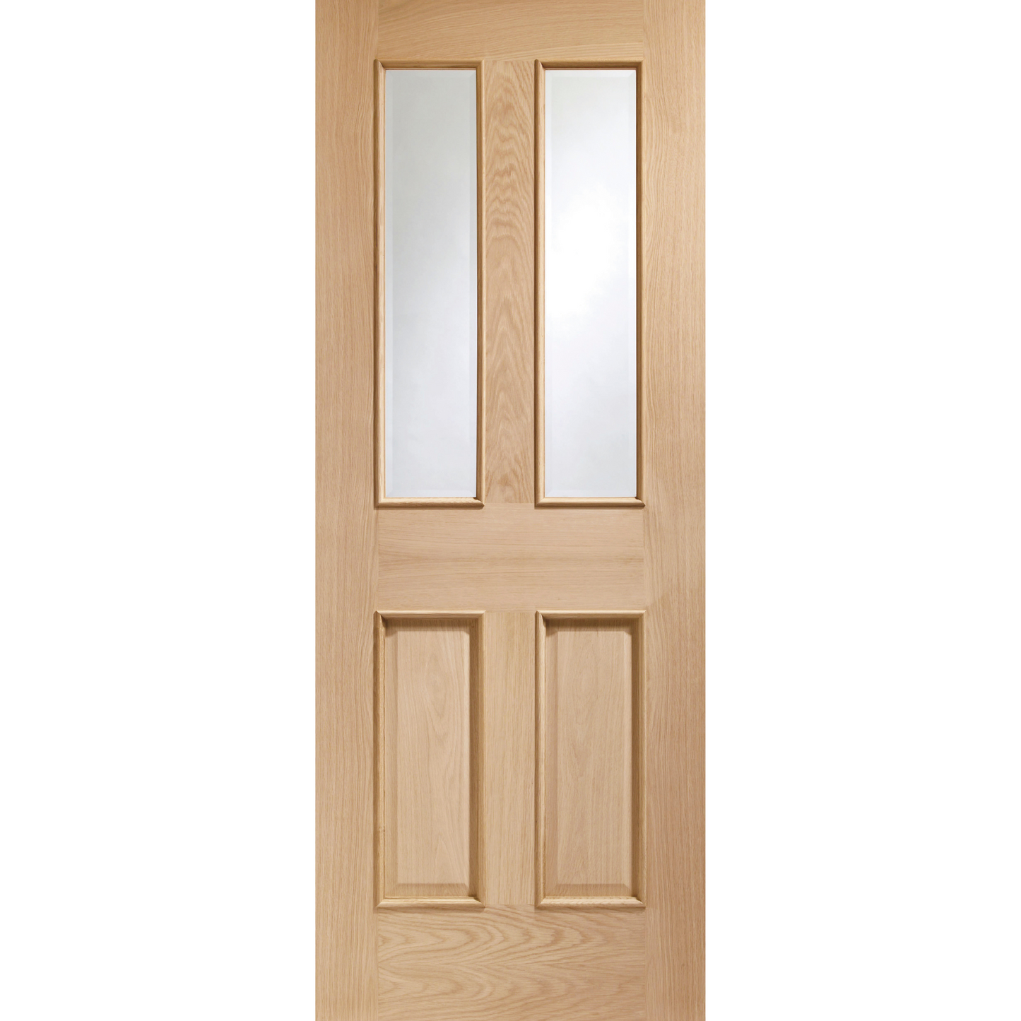 Internal Oak Malton Door With Raised Mouldings and Clear Bevelled Glass