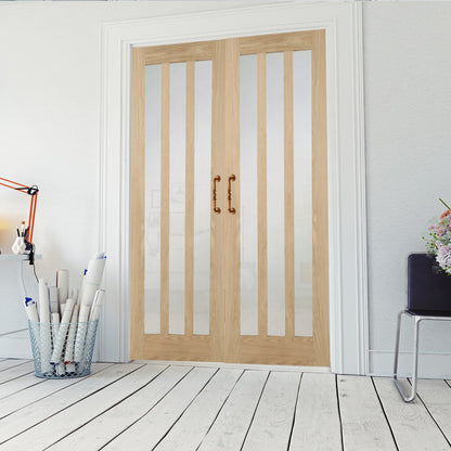 Oak Aston Frosted Glass Rebated Internal Door Pair