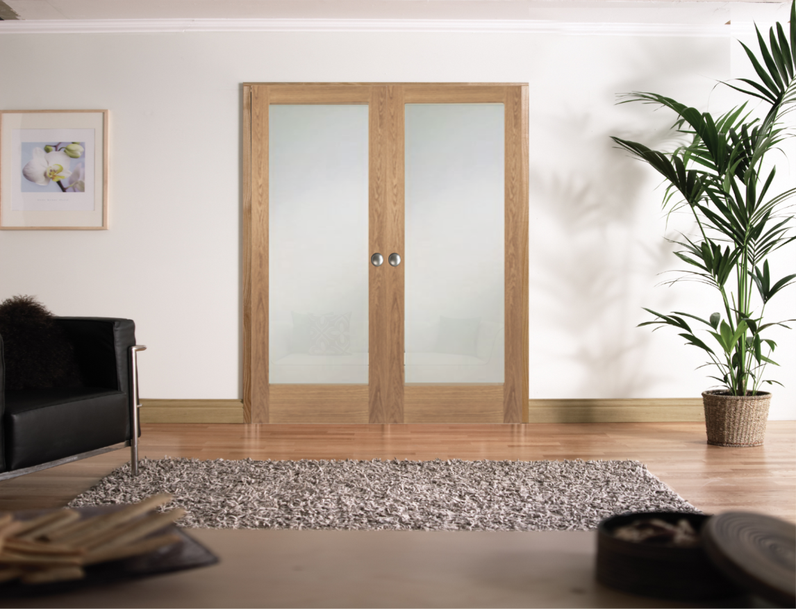 Oak Shaker 1 Light Frosted Glass Internal Door Pair