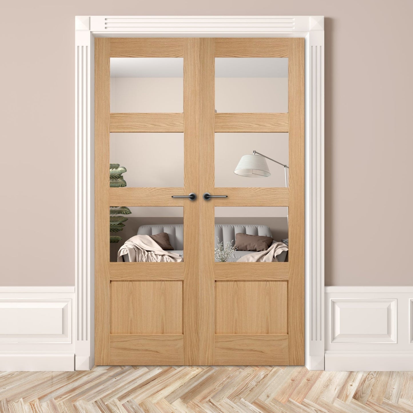 Oak Shaker 3 Light 1 Panel Clear Glass Internal Door Pair