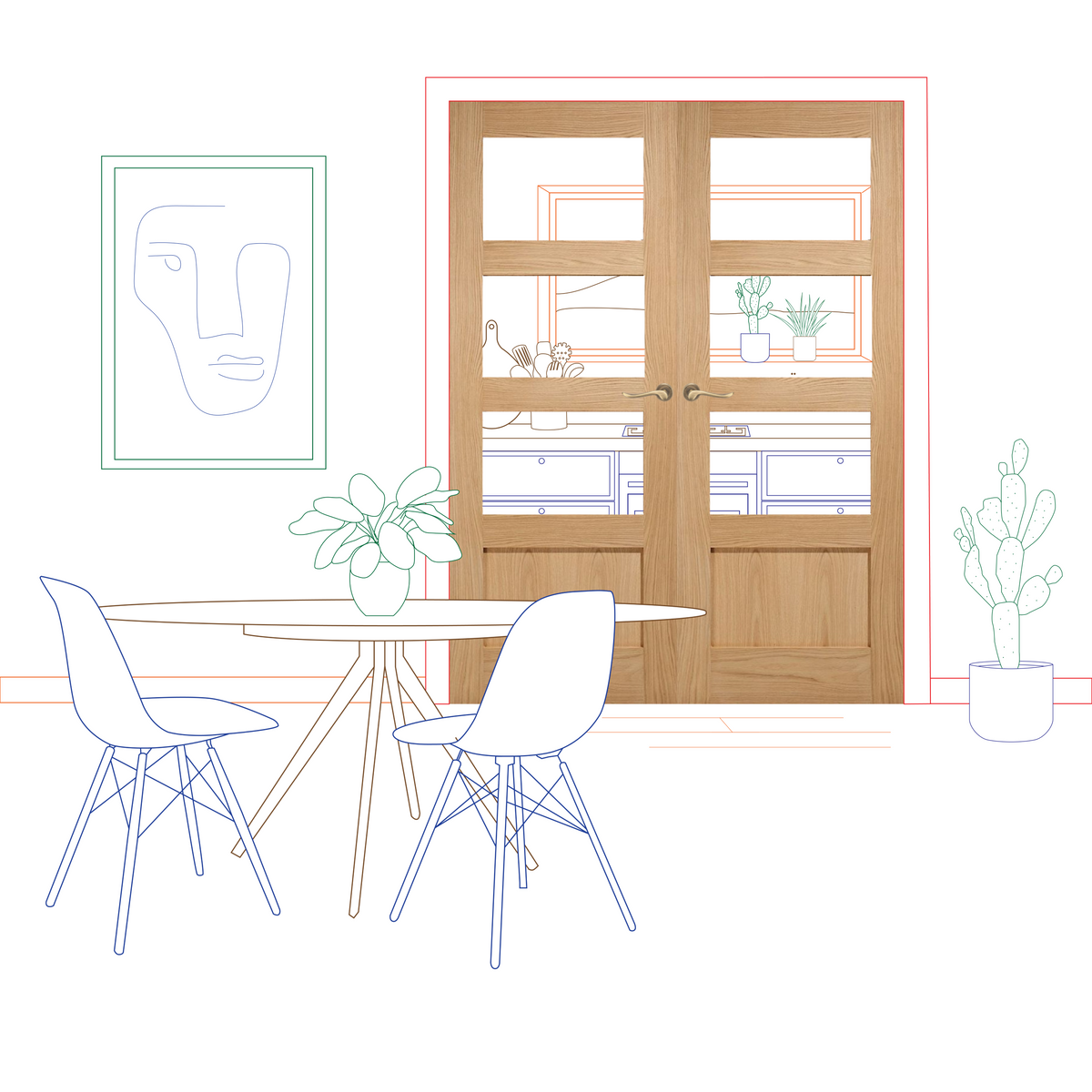 Oak Shaker 3 Light 1 Panel Clear Glass Internal Door Pair