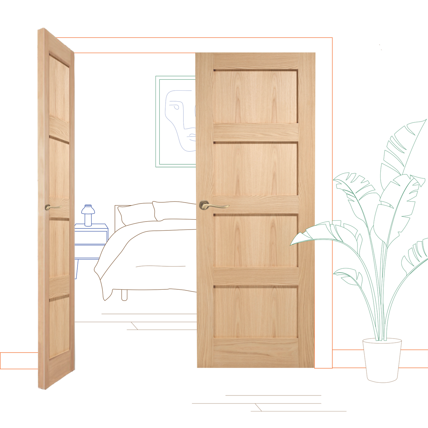 Oak Shaker 4 Panel Internal Door Pair